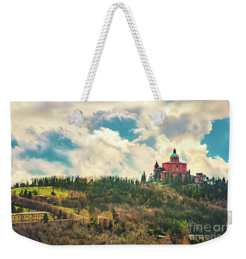 San Luca Weekender Tote Bag featuring the photograph San Luca basilica in Bologna hills with the long porch archway - Italy by Luca Lorenzelli
