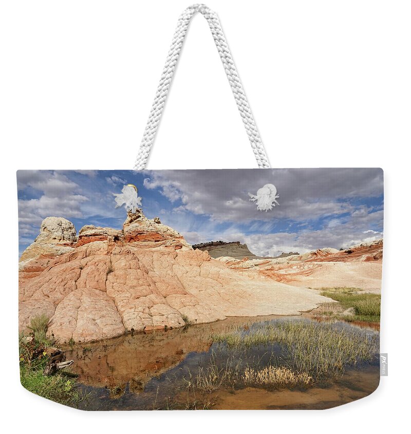 White Pocket Weekender Tote Bag featuring the photograph Sandstone Structures Reflected by Leda Robertson