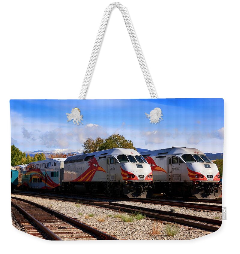 Santa Fe Weekender Tote Bag featuring the photograph Santa Fe Rail Runner by Chris Smith