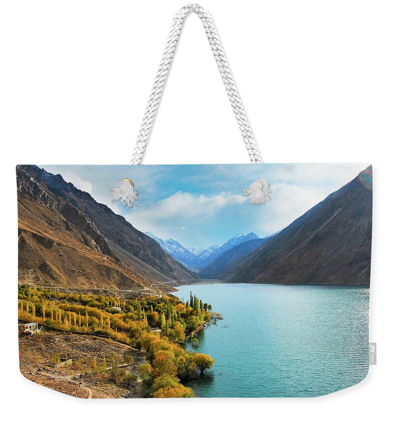 Scenics Weekender Tote Bag featuring the photograph Satpara Lake by M.omair