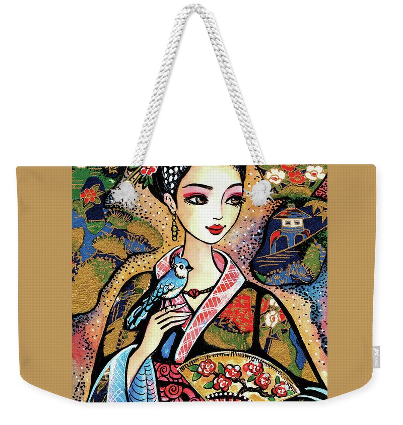 Woman And Bird Weekender Tote Bag featuring the painting Sayuri by Eva Campbell