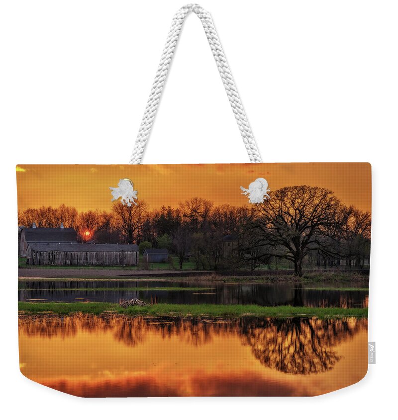 Pond Spring Sunset Goose Mother Goose Oak Tree Green Golden Barn Farm Wi Wisconsin Stoughton Madison Rural Scenic Horizontal Weekender Tote Bag featuring the photograph Scenic Pondquility - Spring sunset over a Wisconsin farm scene with pond and nesting goose by Peter Herman