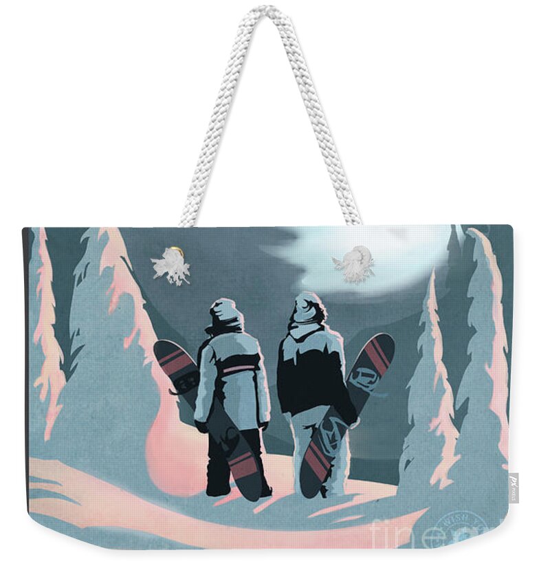 Snowboarder Weekender Tote Bag featuring the painting Scenic Vista Snowboarders by Sassan Filsoof