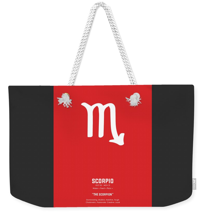 Scorpio Weekender Tote Bag featuring the mixed media Scorpio Print - Zodiac Signs Print - Zodiac Poster - Scorpio Poster - Red and White - Scorpio Traits by Studio Grafiikka