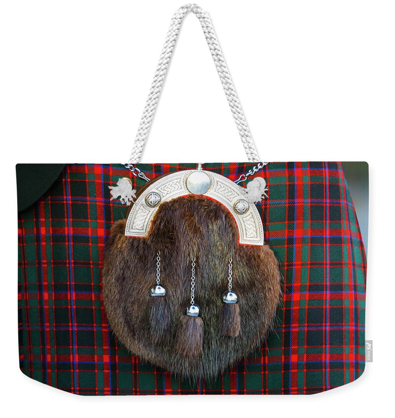 Leather Weekender Tote Bag featuring the photograph Scottish Sporran And Kilt by Stuart Dee