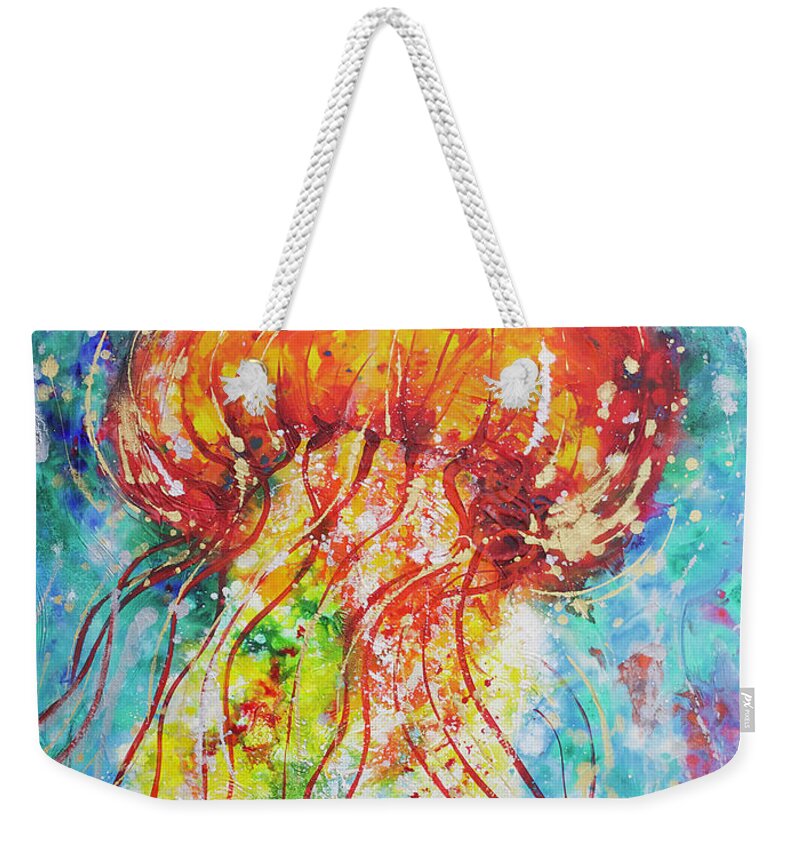 Red Jellyfish Weekender Tote Bag featuring the painting Sea Nettle Jellyfish by Jyotika Shroff
