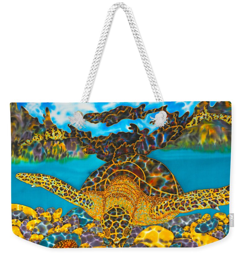 Sea Turtle Weekender Tote Bag featuring the painting Sea Turtle and Atlantic Cowrie Shell by Daniel Jean-Baptiste
