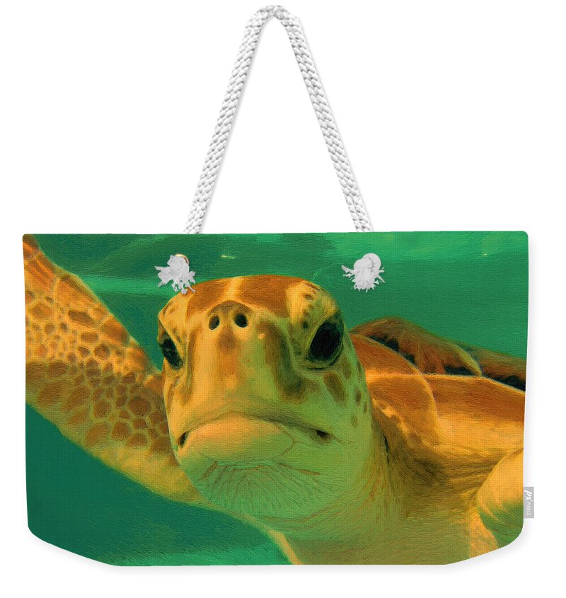 Waterscape Weekender Tote Bag featuring the painting Sea Turtle off the Mexican Coast - DWP2086549 by Dean Wittle