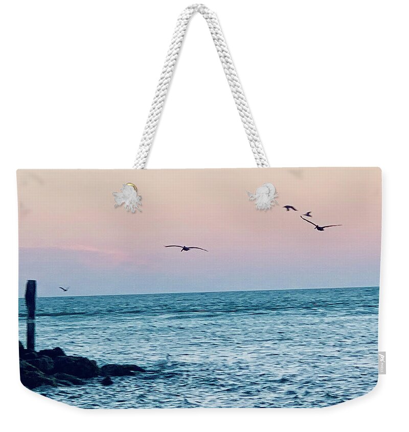 Birds Weekender Tote Bag featuring the photograph Seabirds Feeding at Sunset in Captiva Island Florida off the Jetty by Shelly Tschupp