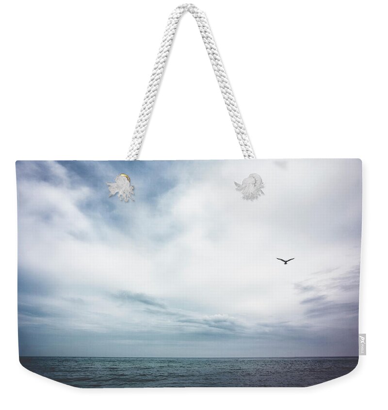 Scenics Weekender Tote Bag featuring the photograph Seagull Flying Over Lake Michigan by Rebecca Nelson