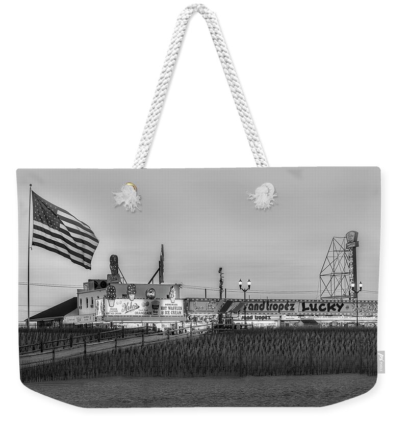 Casino Pier Weekender Tote Bag featuring the photograph Seaside Heights Boardwalk BW by Susan Candelario
