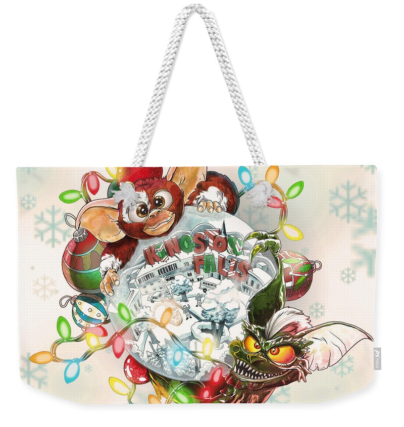 Christmas Weekender Tote Bag featuring the digital art Seasons Greetings From Kingston Falls by Kynn Peterkin