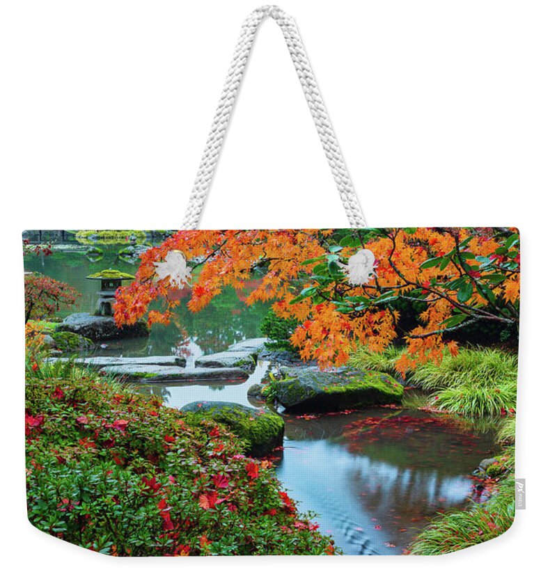 Outdoor; Fall Colors Weekender Tote Bag featuring the digital art Seattle Japanese Garden in Peak Colors by Michael Lee