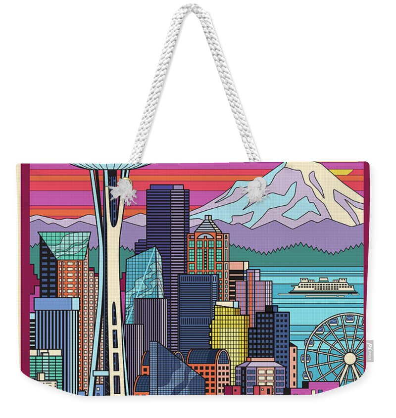 Seattle Weekender Tote Bag featuring the digital art Seattle Poster - Pop Art Skyline by Jim Zahniser