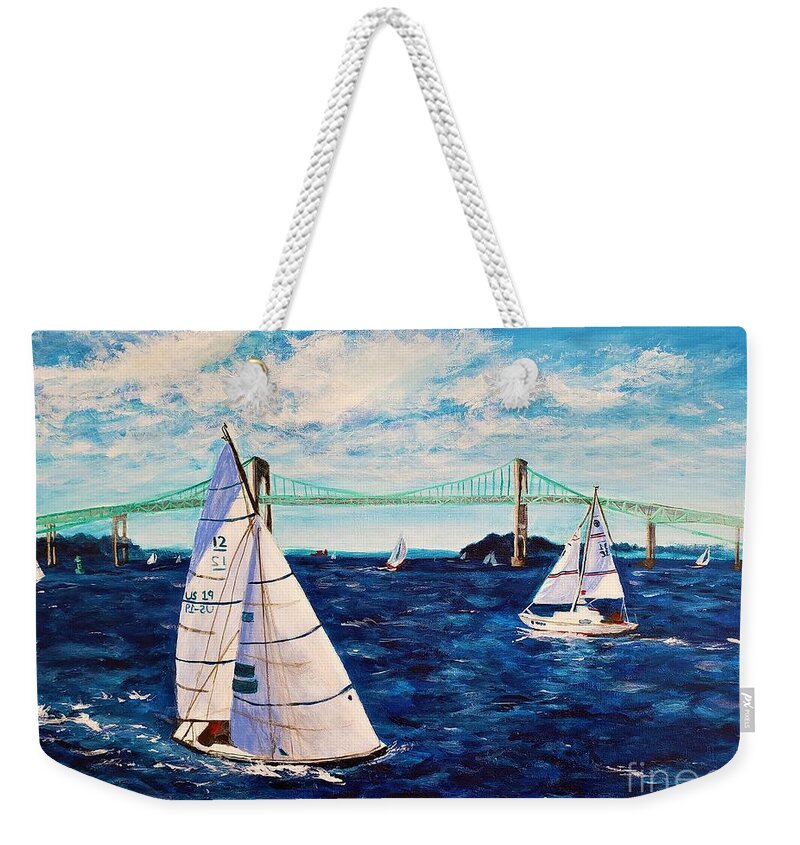 Newport Weekender Tote Bag featuring the painting Seilglede #1, Claiborne Pell Newport Bridge, Newport, Rhode Island by C E Dill