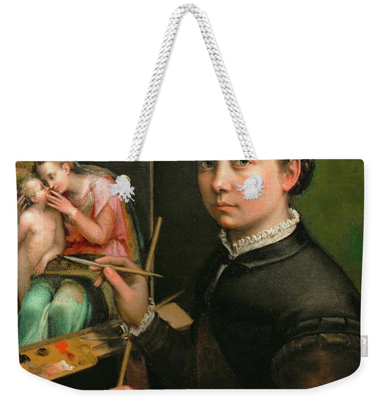 Anguissola Weekender Tote Bag featuring the painting Self-portrait, painting the Madonna, 1556 Canvas, 66 x 57 cm. by Sofonisba Anguissola -c 1532-1625-