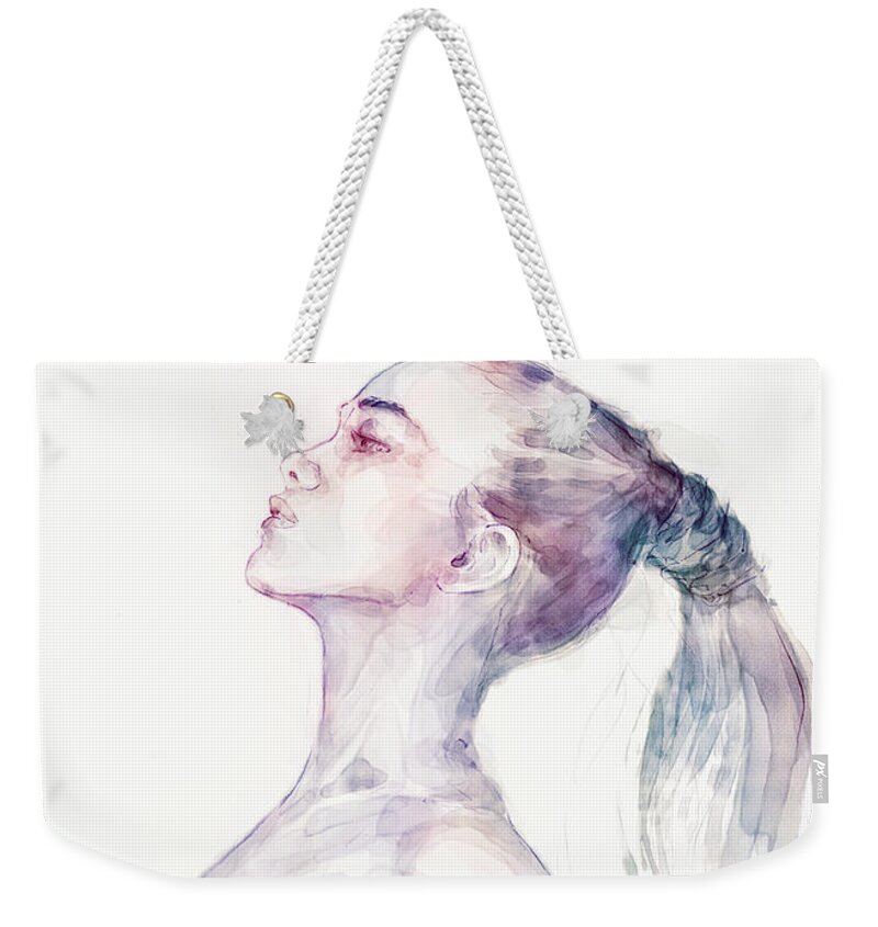 Watercolor Weekender Tote Bag featuring the painting Sensual pose aquarelle portrait of a girl by Dimitar Hristov