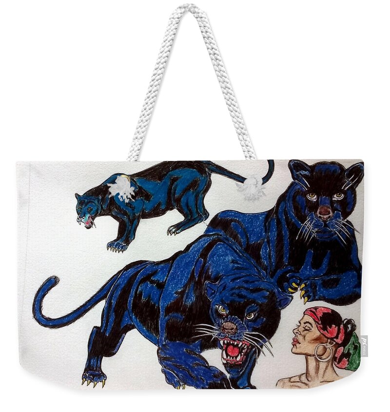 Black Art Weekender Tote Bag featuring the drawing Serenade of the Black Panther by Joedee