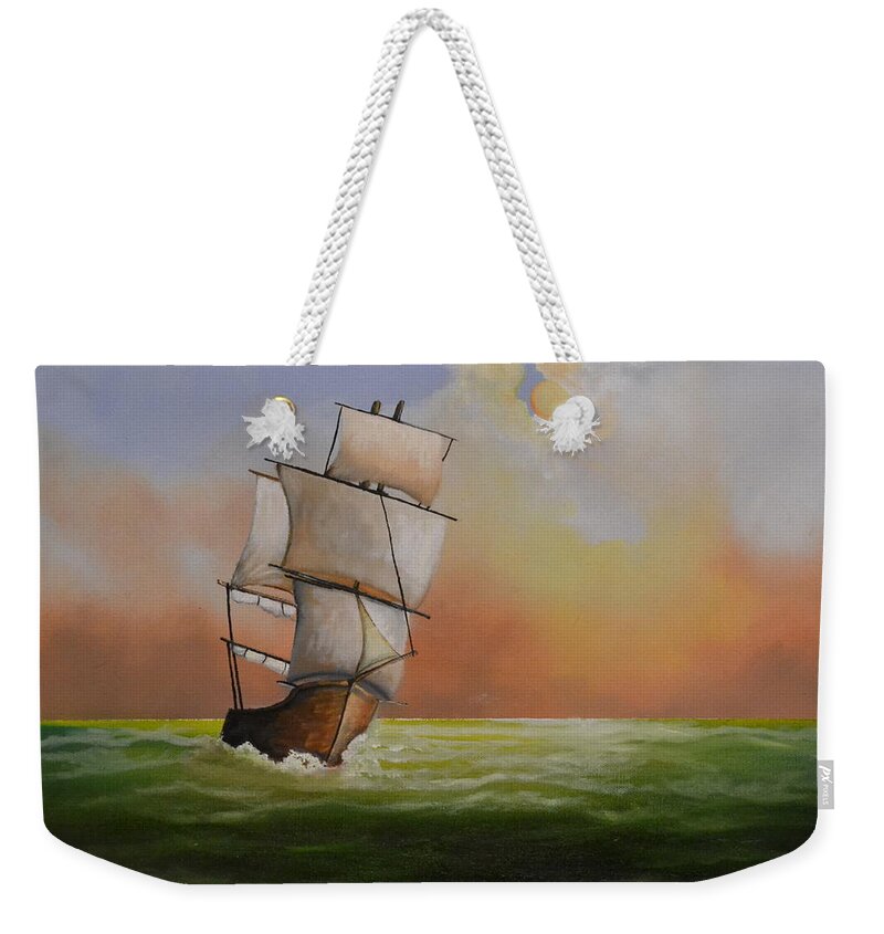 This Is An Oil Painting Of A Sailing Ship On The Ocean. The Ocean Is Calm With Small Waves Breaking On The Ship's Hull. The Sun Is Attempting To Break Out Of The Clouds. The Sun Light Is Being Reflected Off Of The Waves. The Ship Has Most Of It's Sails Opened Up For The Wind.i Created Some Low Hanging Clouds On The Horizon. The Ship Is Made Of Wood And I Detailed The Hull To Expose The Wooden Planks. This Sailing Ship Is From The 1800's. The Painting Is A Great Gift. Weekender Tote Bag featuring the painting Setting Sail by Martin Schmidt