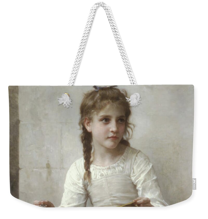 Sewing Weekender Tote Bag featuring the painting Sewing by Adolphe-William Bouguereau by Portraits By NC