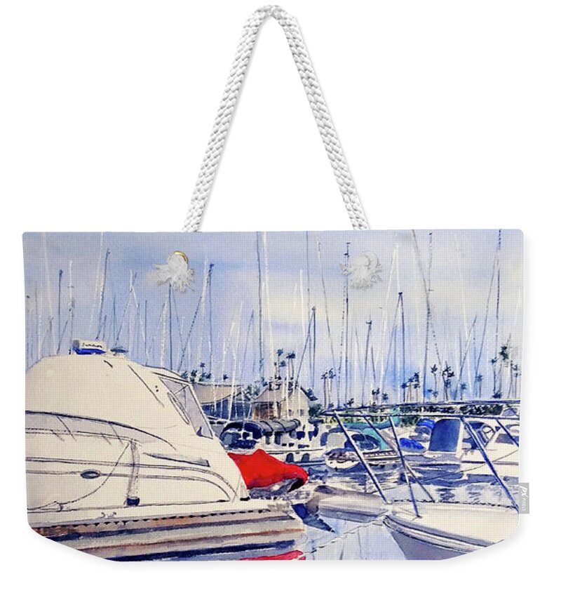 Boats Weekender Tote Bag featuring the painting Shapes and Colors of Alamitos Bay by Debbie Lewis