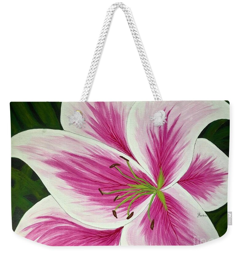 Shauna Daylily Weekender Tote Bag featuring the painting Shauna Daylily by Barbara A Griffin