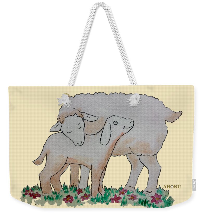 Sheep Weekender Tote Bag featuring the painting Sheep by AHONU Aingeal Rose