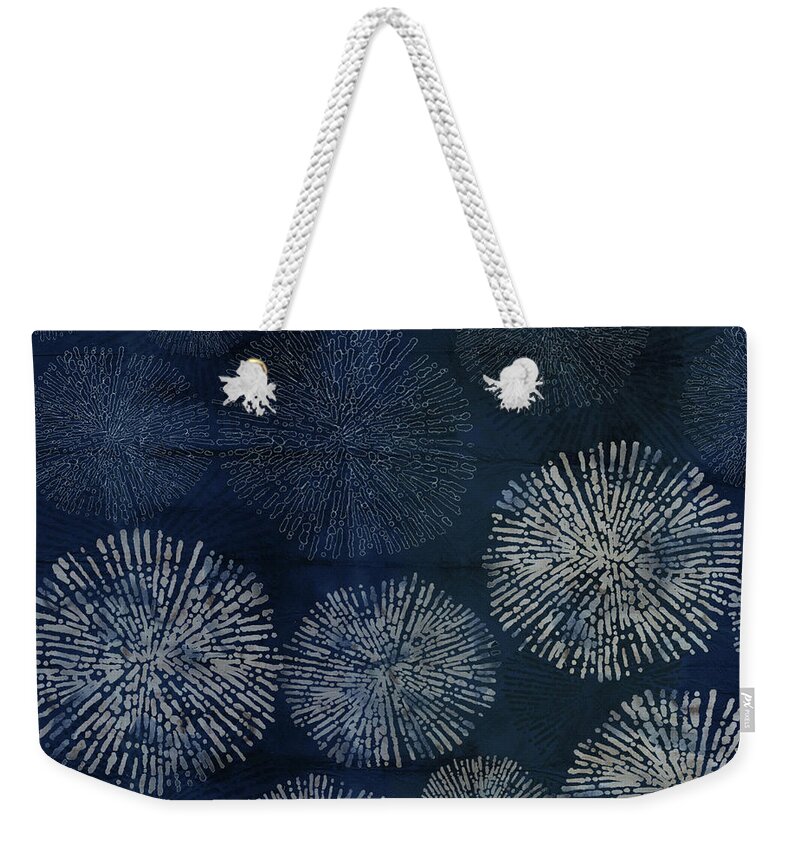 Japan Weekender Tote Bag featuring the digital art Shibori Sea Urchin Burst Pattern Dark Denim by Sand And Chi