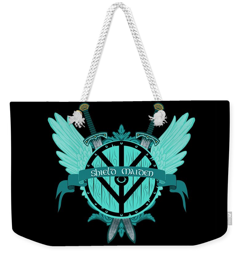 Shield Maiden Weekender Tote Bag featuring the painting Shield Maiden Badass Warrior Woman Winged Teal Viking Shield by Tina Lavoie
