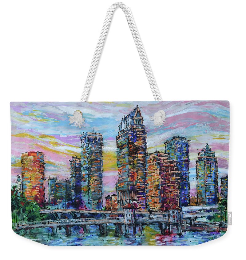 Tampa Skyline Weekender Tote Bag featuring the painting Shimmering Tampa Skyline by Jyotika Shroff