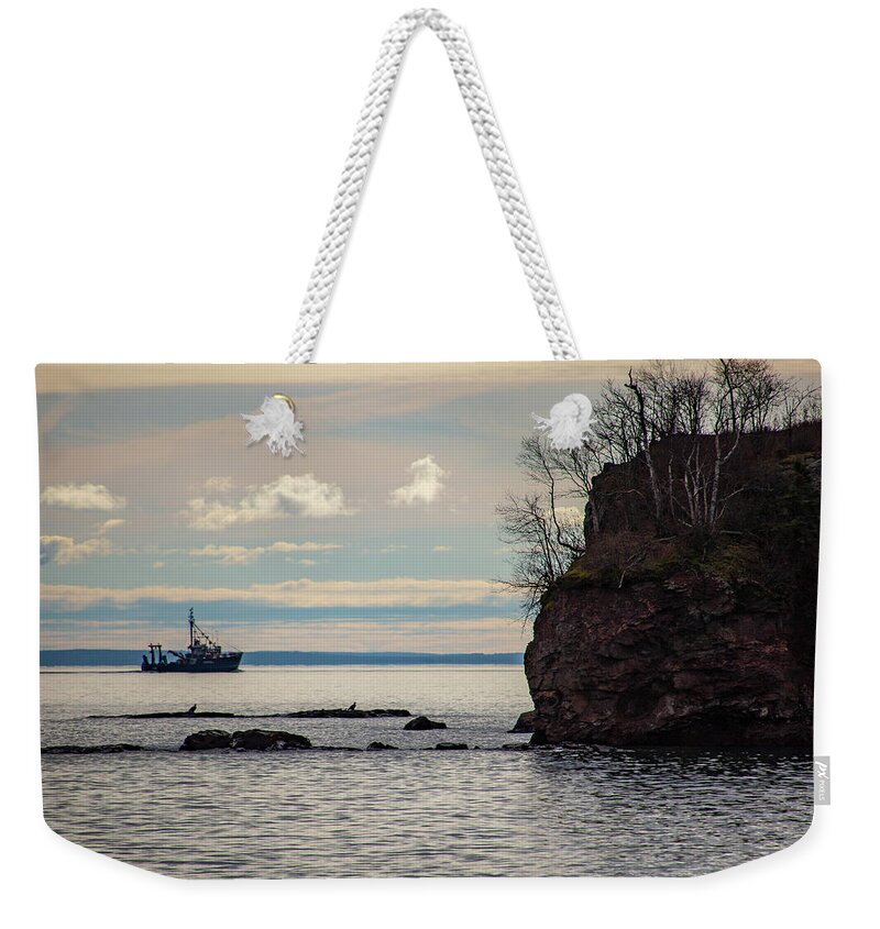 Lake Weekender Tote Bag featuring the photograph Ship on Lake Superior by Laura Smith