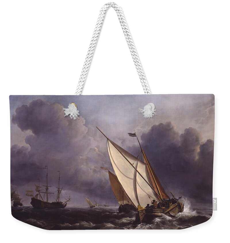 Ships In A Stormy Sea By Willem Van De Velde Ii Weekender Tote Bag featuring the painting Ships in a Stormy Sea by Willem van de Velde