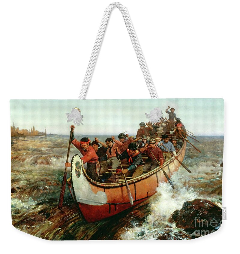 1879 Weekender Tote Bag featuring the painting Shooting the Rapids by Frances Anne Hopkins