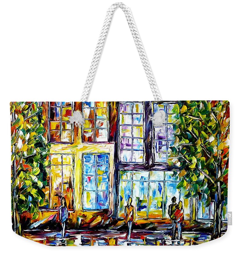 City Life Weekender Tote Bag featuring the painting Shop Windows In Big City by Mirek Kuzniar