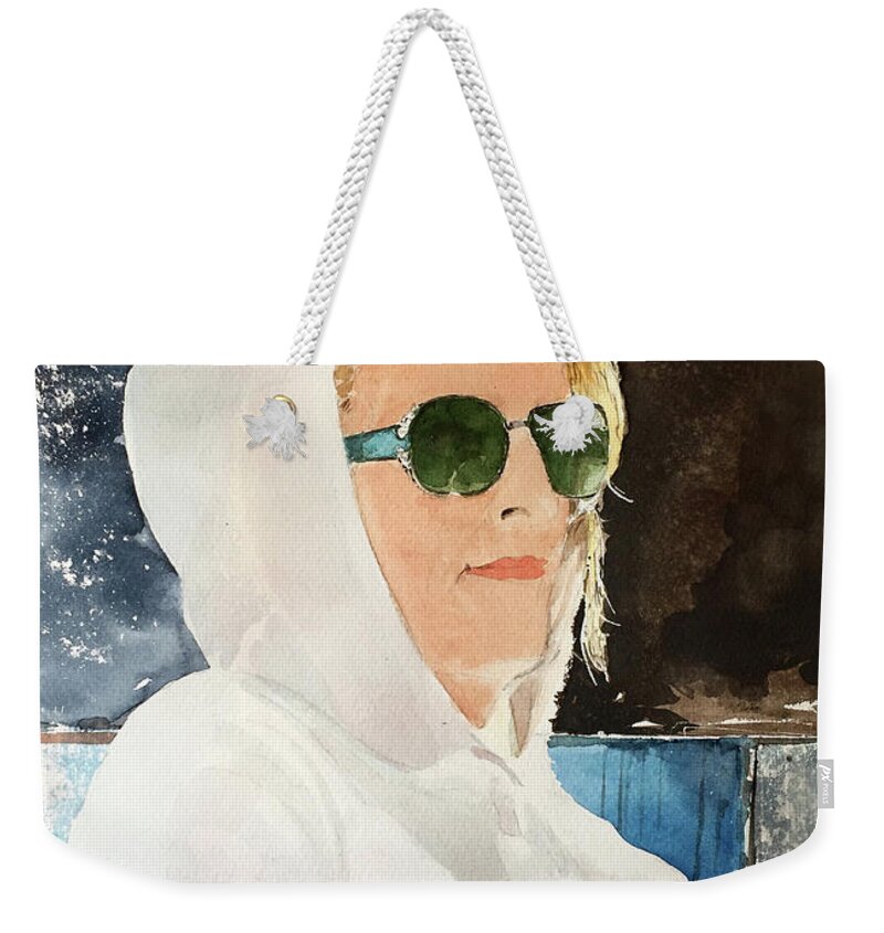 A Beautiful Lady In A White Hoodie And Sunglasses Sits Outside A Sidewalk Cafe. Weekender Tote Bag featuring the painting Sidewalk Cafe by Monte Toon