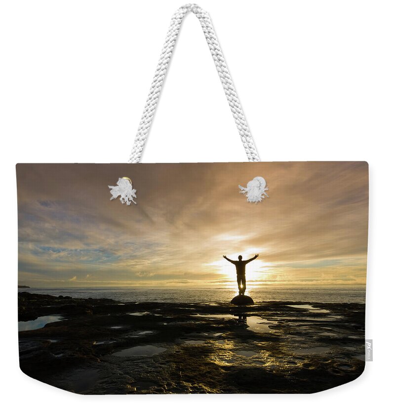 Human Arm Weekender Tote Bag featuring the photograph Silhouetted With Arms Raised On Rocky by Mtnsnail