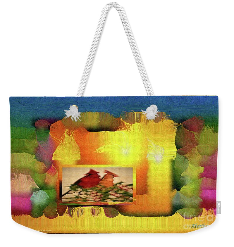 Silk-featherbrush Weekender Tote Bag featuring the digital art Silk-Featherbrush Number 2 - Two Redbirds of a Feather Cozy Together by Aberjhani