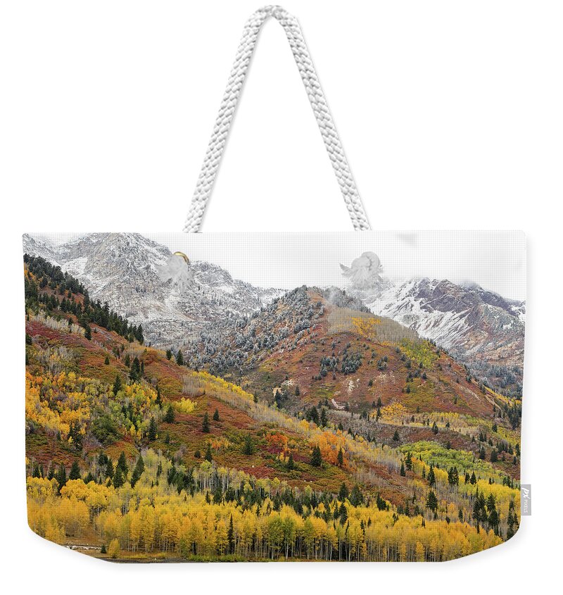 Utah Weekender Tote Bag featuring the photograph Silver Lake Flat with Fall Colors - American Fork Canyon, Utah by Brett Pelletier