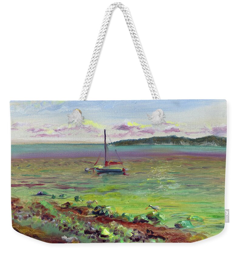 Silver Shores Weekender Tote Bag featuring the painting Silver Shores Seascape by David Bader