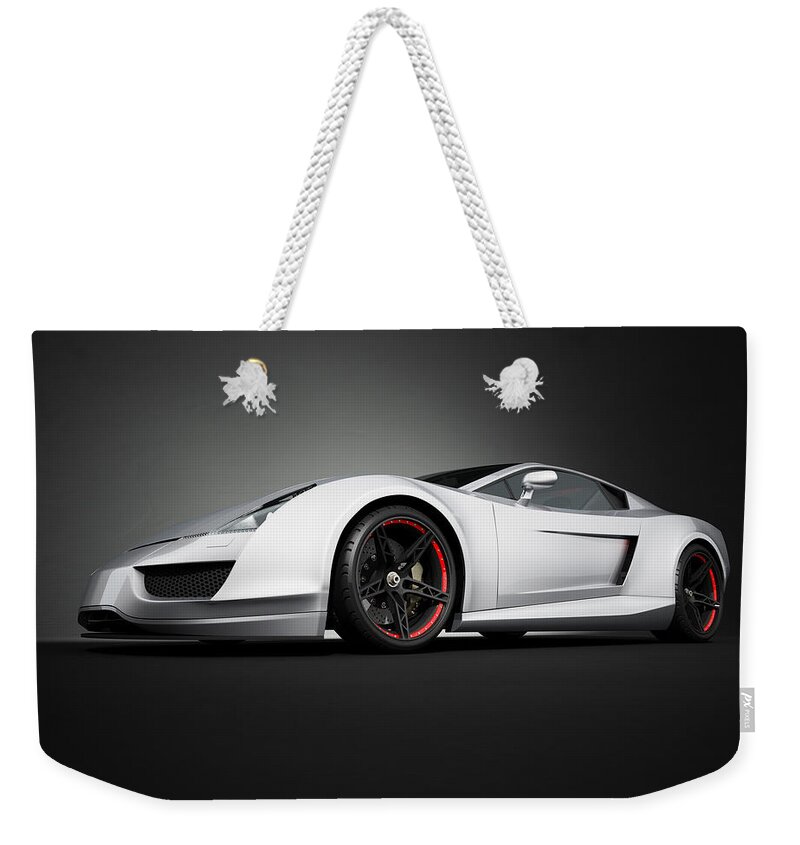 Sports Car Weekender Tote Bag featuring the photograph Silver Sport Car On Black Studio by Firstsignal
