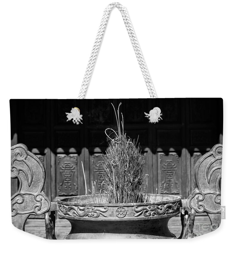 Vietnam Weekender Tote Bag featuring the photograph Simple Vietnam Black White Incense Burn by Chuck Kuhn
