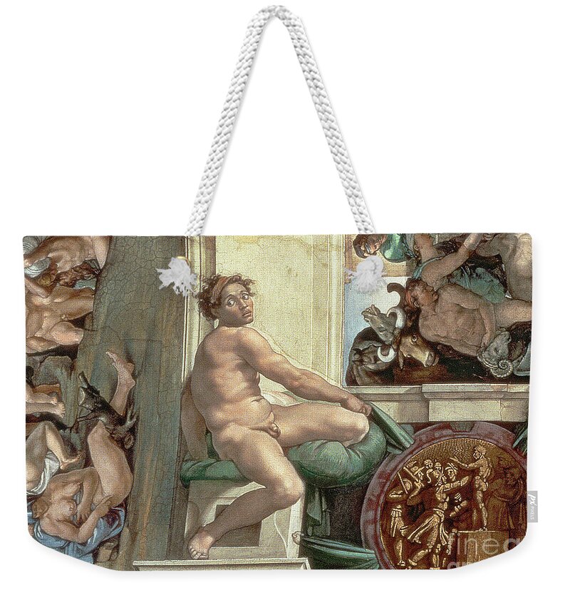 Sistine Weekender Tote Bag featuring the painting Sistine Chapel Ceiling, Detail Of One Of The Ignudi by Michelangelo Buonarroti