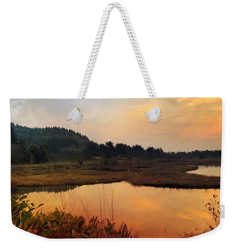 Sunset Weekender Tote Bag featuring the digital art Sitka Sedge Sand Lake Eve by Chriss Pagani