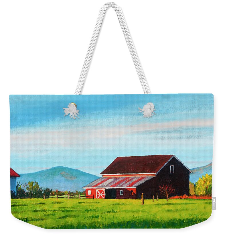 Landscape Weekender Tote Bag featuring the painting Skagit Valley Barn by Stacey Neumiller