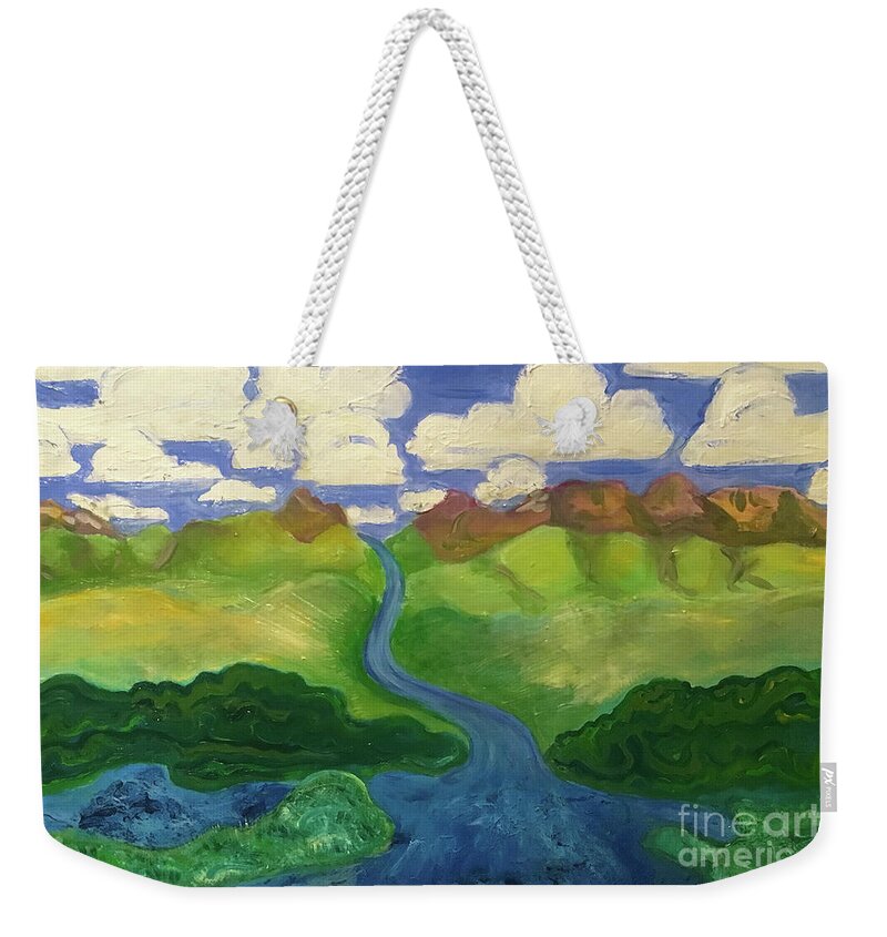 Sky Weekender Tote Bag featuring the painting Sky River to Sea by Shelley Myers