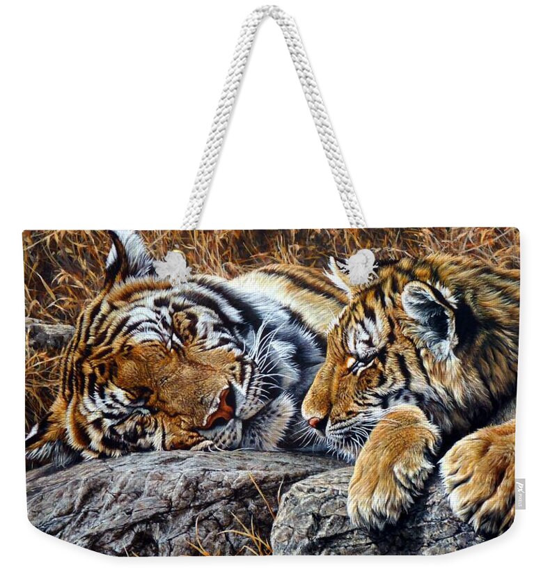 Tiger Weekender Tote Bag featuring the painting Sleepers - Tiger and Cub by Alan M Hunt