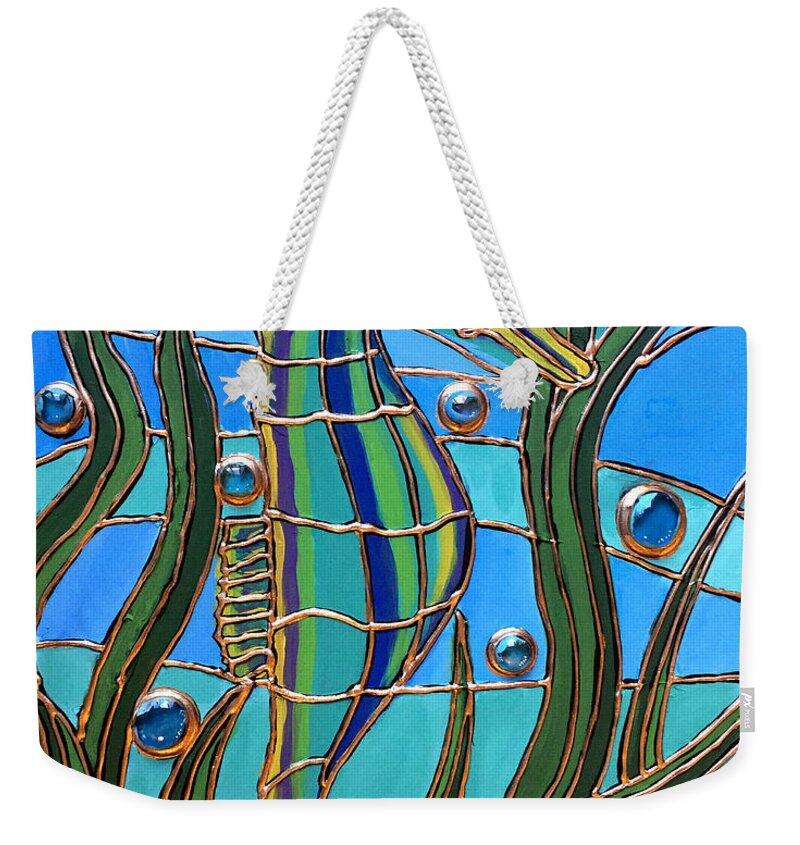 Ocean Weekender Tote Bag featuring the painting Smiling Seahorse by Cynthia Snyder