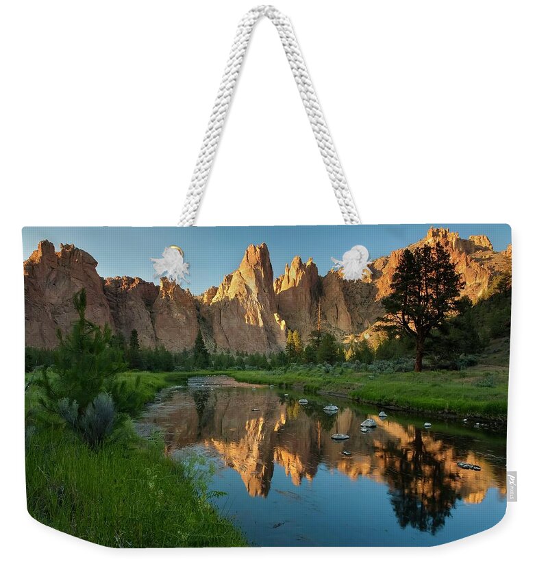 Estock Weekender Tote Bag featuring the digital art Smith Rocks State Park, Central Oregon by Heeb Photos