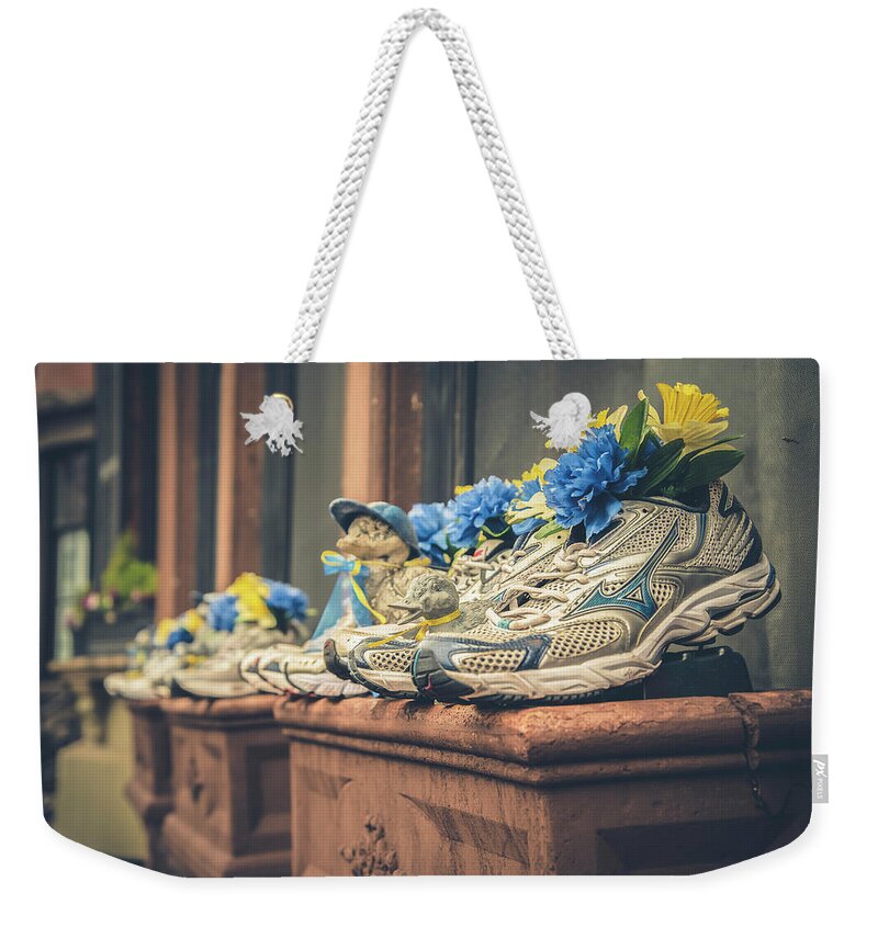 Sneakers With Flowers Weekender Tote Bag featuring the photograph Sneakers With Flowers - Boston Marathon by Joann Vitali
