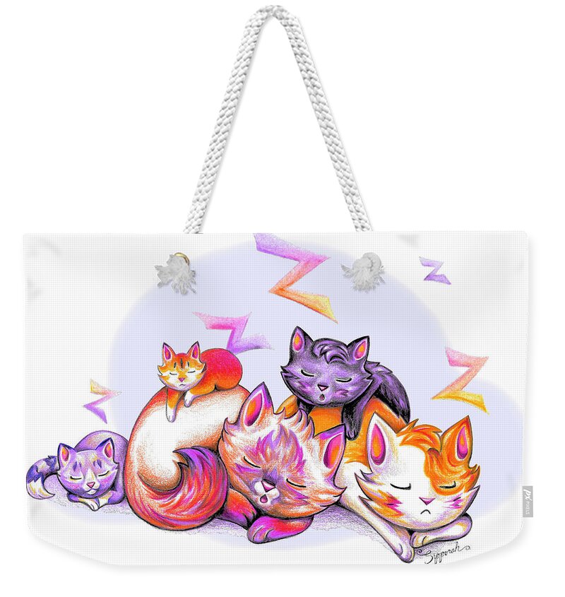 Nature Weekender Tote Bag featuring the drawing Snoozing Cartoon Kitties by Sipporah Art and Illustration